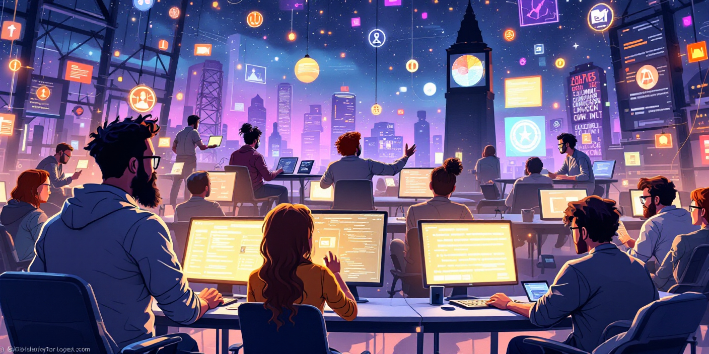 Ilustrasi animasi gaya komik yang menggambarkan kolaborasi komunitas open source lintas negara melalui teknologi digital.